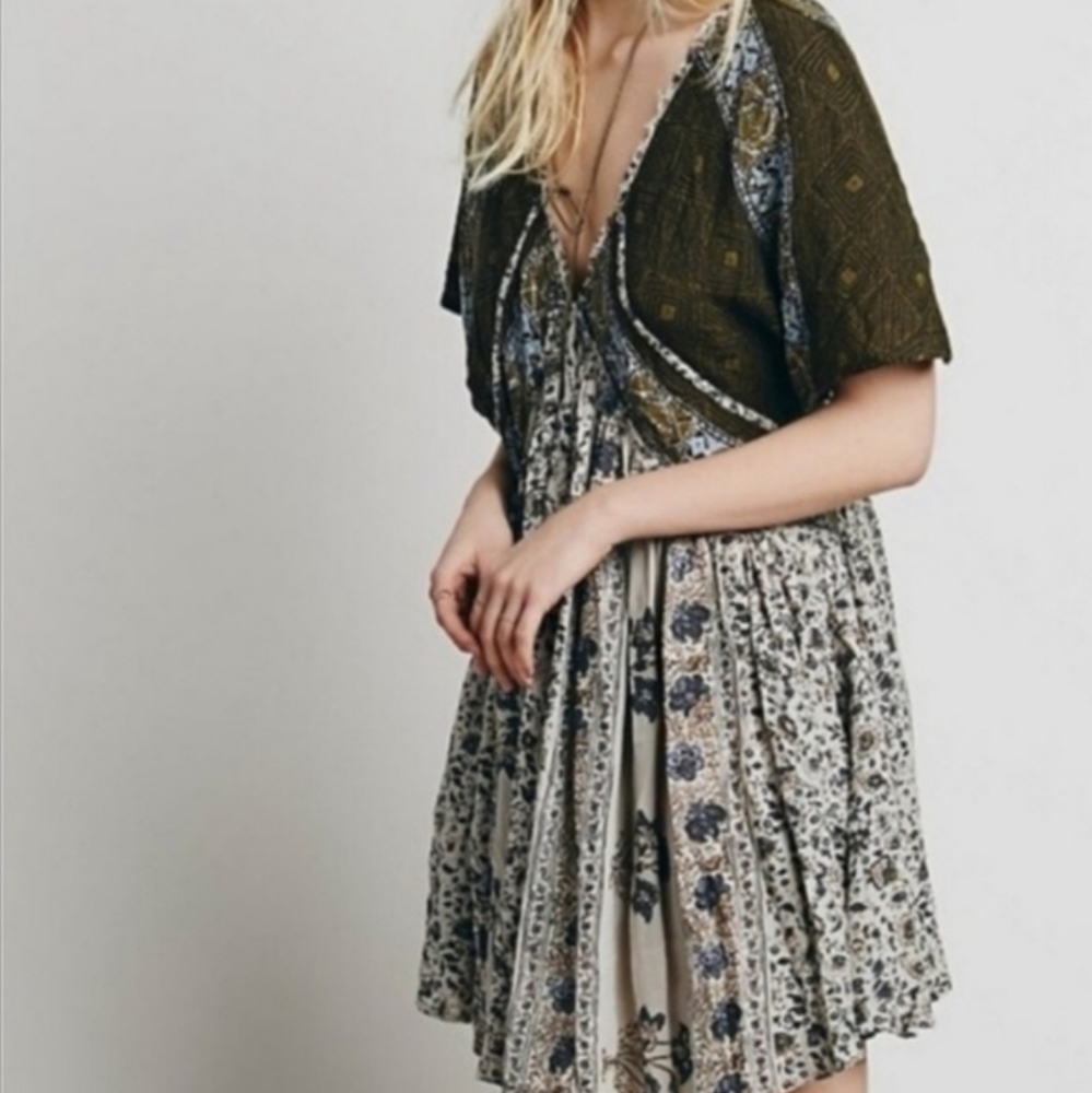 Free People Olive Green and Cream Floral Mini Dress